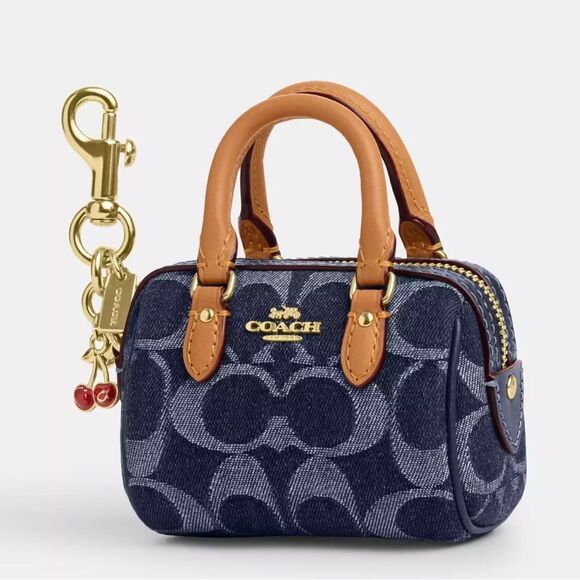 Coach Mini Rowan Bag Charm In Signature Denim With Cherry Charm Purse - Picture 9 of 10